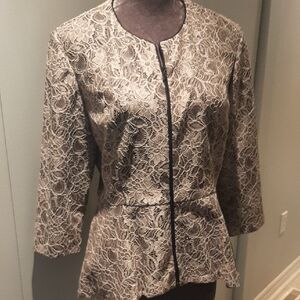 Alex🎆Evenings VINTAGE SPARKLY LACE CHAMPAGNE with SATIN TRIM Peplum Blazer Sz L